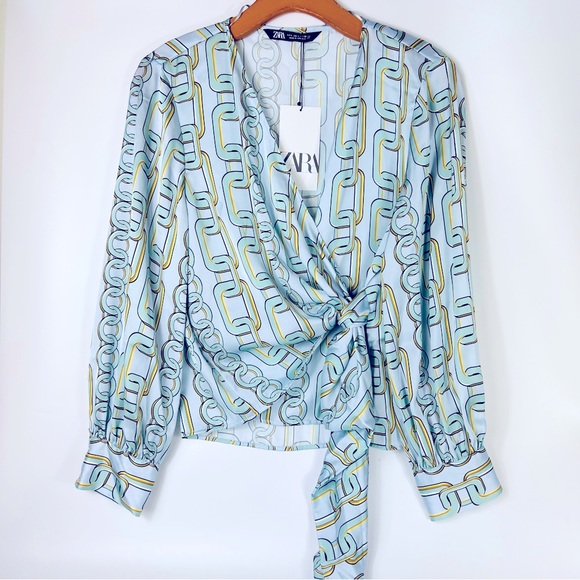 ZARA Chain Print Long Sleeve Sky Blue Top XS NWT - Picture 1 of 10
